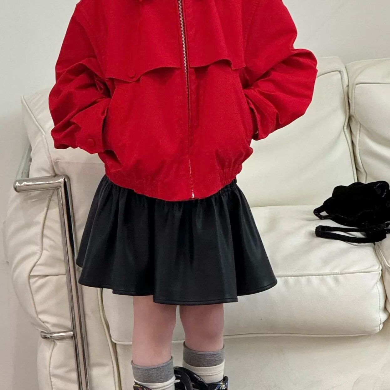 nonokids 简约黑色皮质半身裙女童短裙松紧腰A字裙高腰显瘦百搭