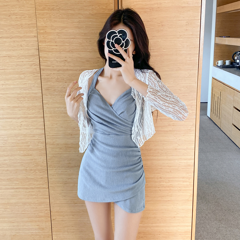 DouMi防晒长袖仙女范遮肚显瘦2023G年新款爆款温泉两件套泳衣女夏