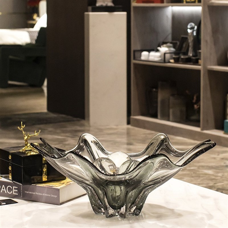 现代轻奢玻璃大果盘设计师客厅茶几摆件样板间软装桌面收纳托盘
