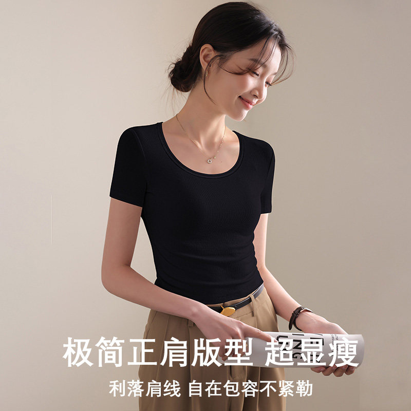 莱赛尔天丝黑色圆领短袖T