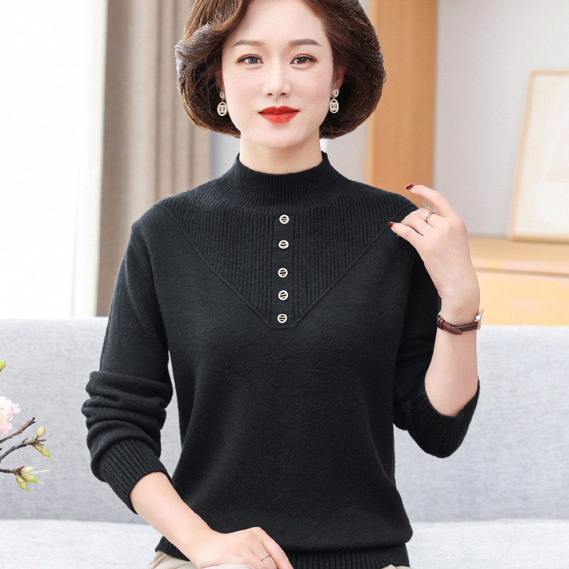 妈妈装秋冬半高领毛衣女2025新款加绒内搭中老年人上衣洋气打底衫