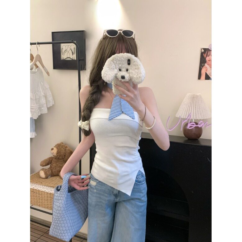 设计感不规则针织抹胸背心女夏季2025新款外穿修身裹胸无袖上衣潮