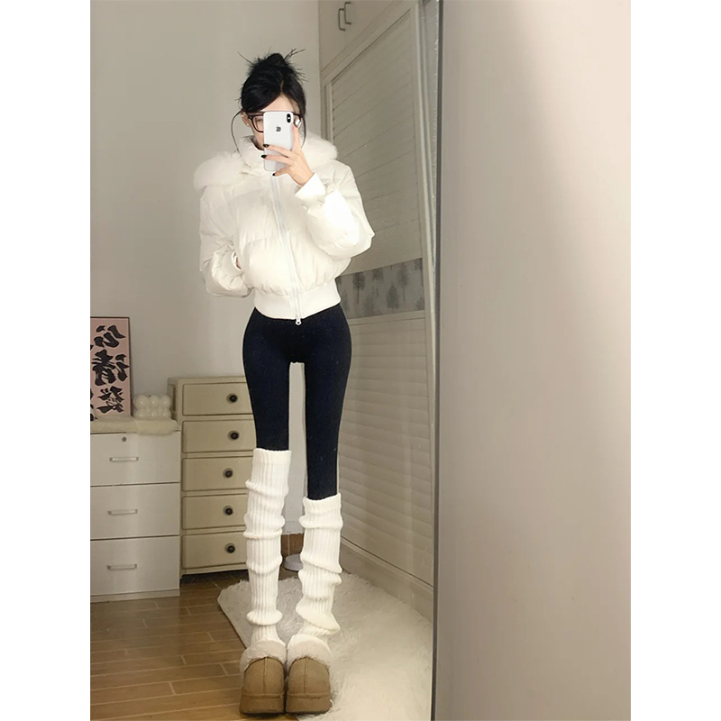 毛领连帽白色羽绒棉服女2025冬季美式收腰加厚保暖短款面包服外套