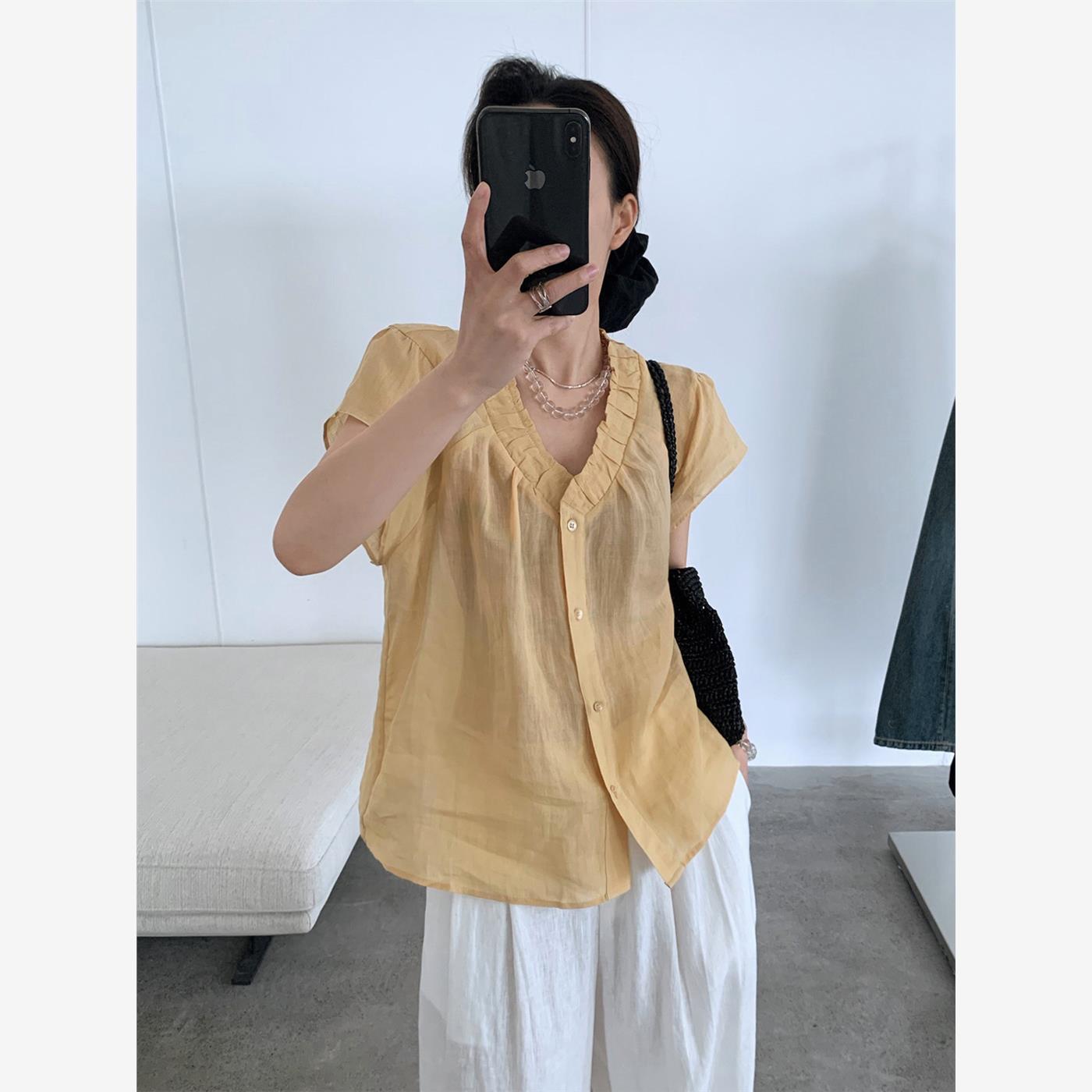 TG法式复古苎麻薄衬衫女