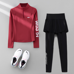 红色运动服女跑步套装春秋健身房长袖速干衣户外羽毛球登山健身服