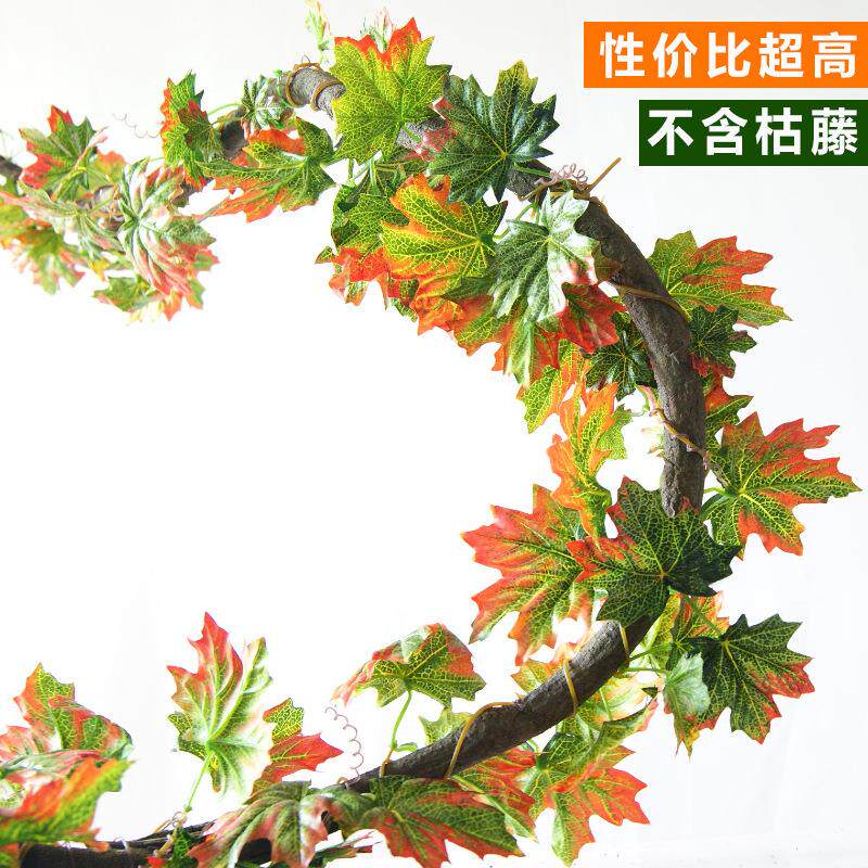 仿真红装饰管道枫叶假树叶花藤藤条缠绕叶子塑料藤蔓植物田园挂壁图片