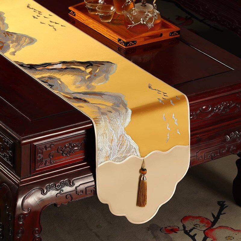 桌旗轻奢高端新中式茶桌垫布茶台布艺茶几布高级感长条餐桌布床旗