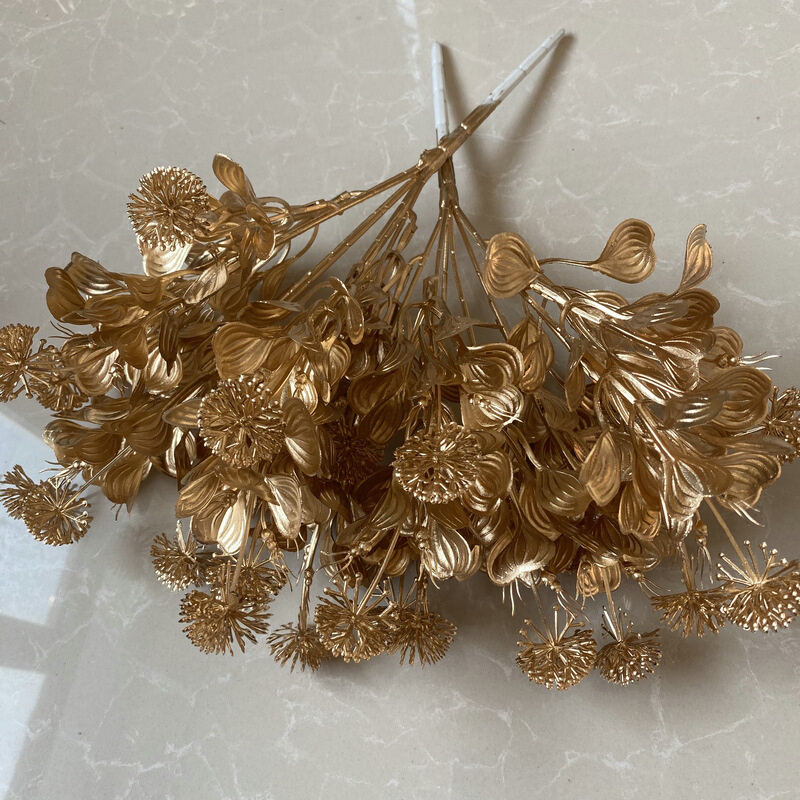金色尤加利绣球花扇子叶假花婚庆装饰福桶金色银杏叶金色植物花材