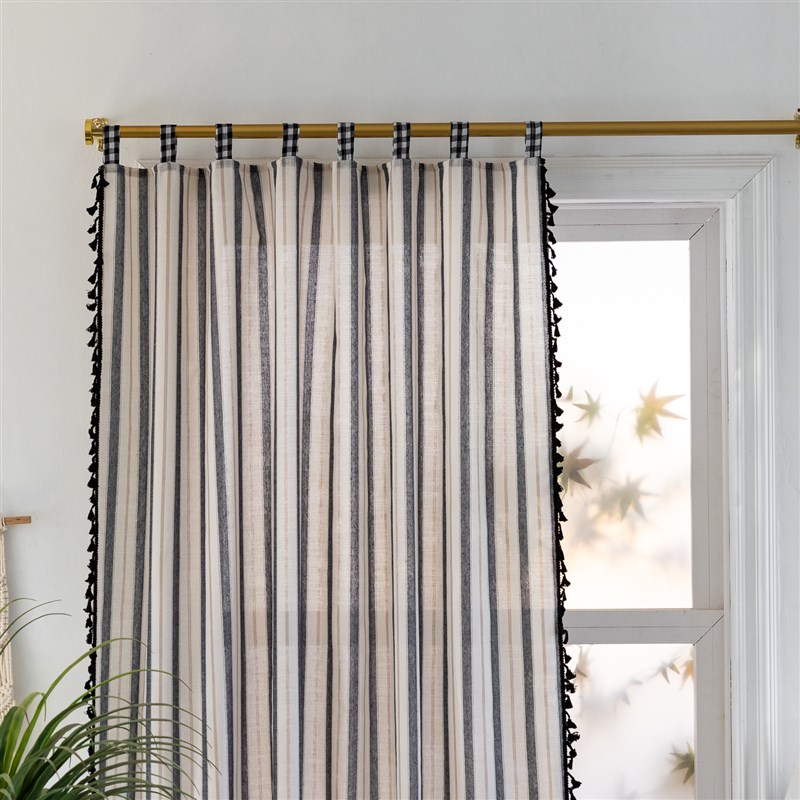 美式窗帘成品黑白色织条纹黑色流苏免打孔客厅厨房间窗帘工厂