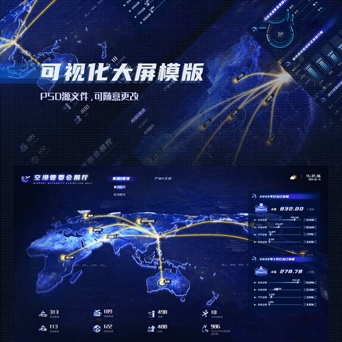 航空展厅态势可视化双大屏PSD分层UI组件全套设计模板素材源文件
