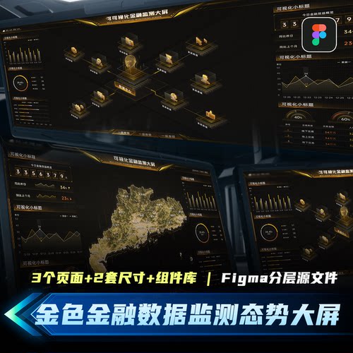 金色智慧金融监测可视化大屏科技地图Figma全套UI设计素材源文件