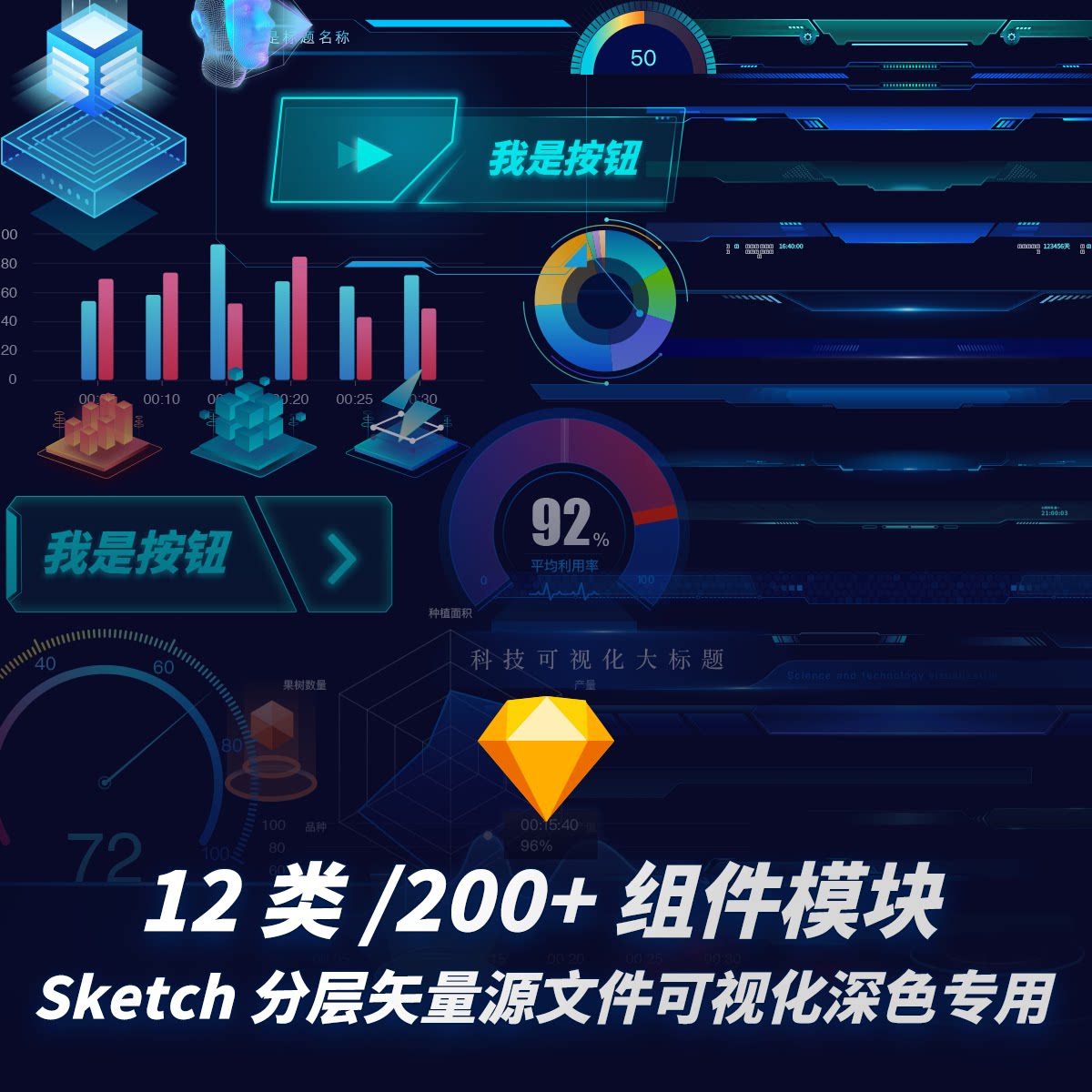 酷炫科技可视化大屏Sketch矢量分层UI组件合集设计素材模板源文件