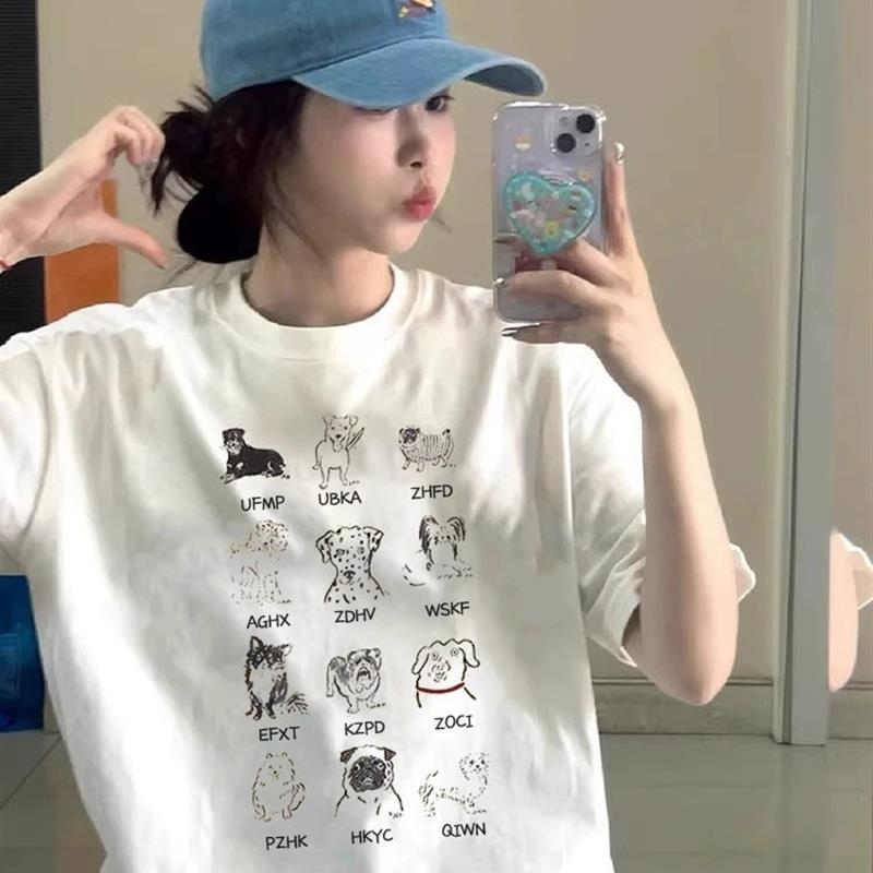 纯棉小狗印花白色短袖t恤女2025新款夏季宽松百搭美式半袖上衣ins