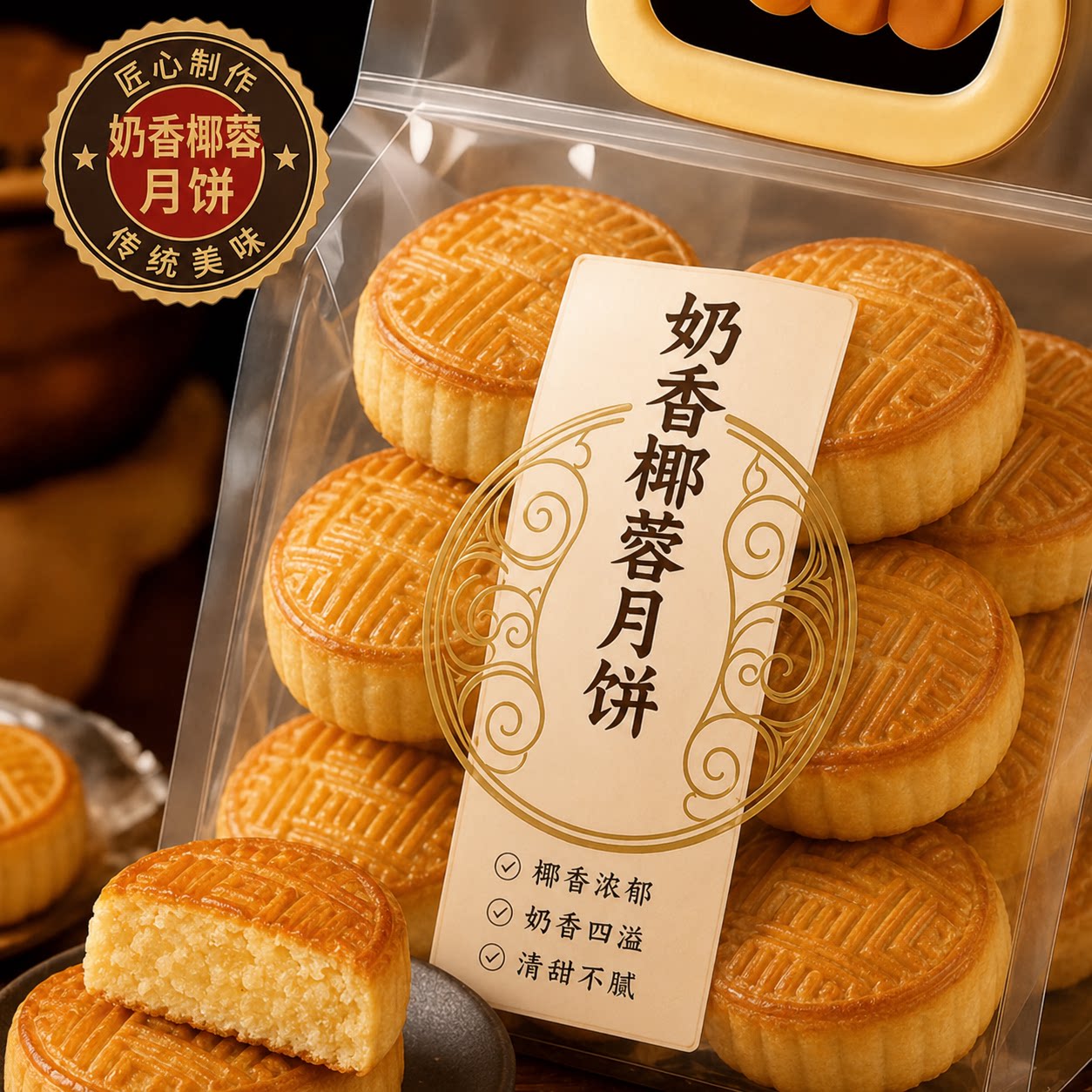 椰蓉月饼奶香椰蓉小月饼下午茶点心上海糕点手工正宗清真月饼广式