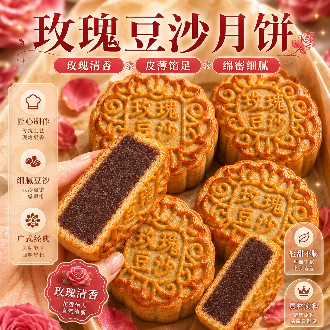 玫瑰豆沙月饼花香绵密上海特产糕点中秋点心手工老式传统散装月饼