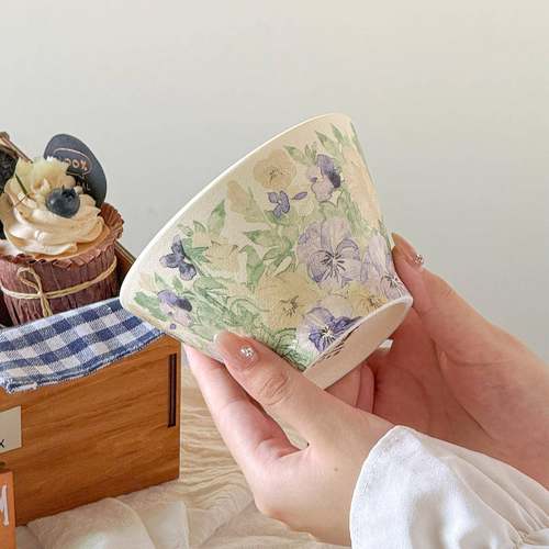家用米饭碗高级感小碗宋式美学淡雅风甜品碗三色堇浅紫色斗笠碗
