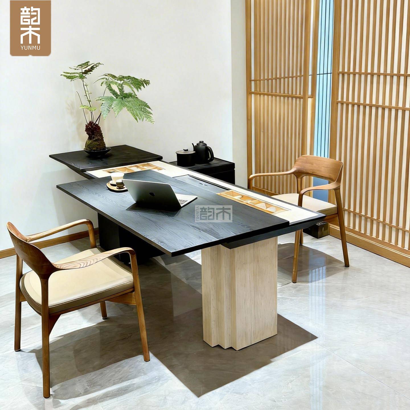 现代简约实木茶桌可推拉茶台家用高级感多功能办公书桌一体两用