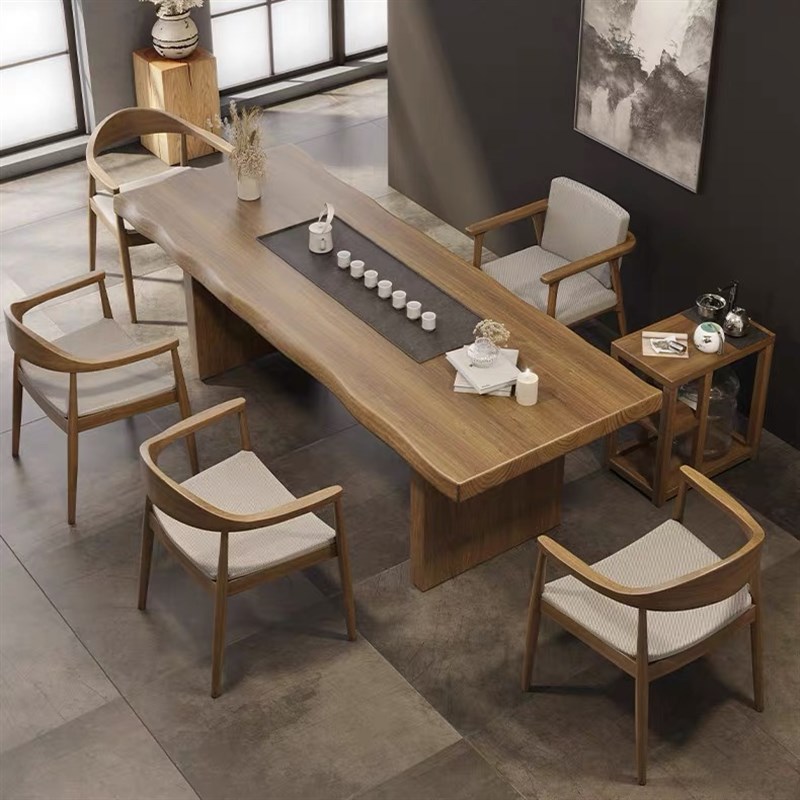 实木茶桌茶盘一体泡茶桌椅组合后现代简约办公室功夫茶台原木大板