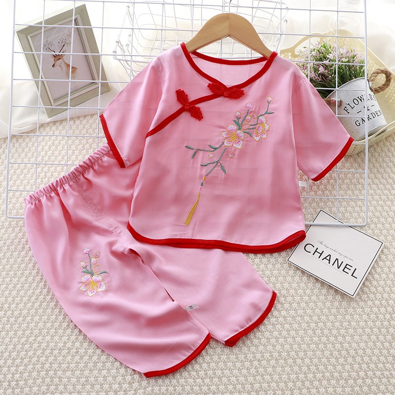 夏女宝宝绵绸短袖唐装儿童套装旗袍人造棉七分裤复古代汉服家居服