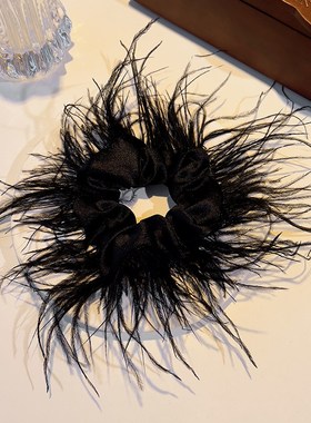 羽毛发圈黑色大肠圈毛绒秋季时尚盘发头绳鸡窝头发绳扎头发皮筋女