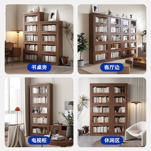 实木书柜带玻璃门家用防尘展示柜落地靠墙组合置物柜现代客厅立柜