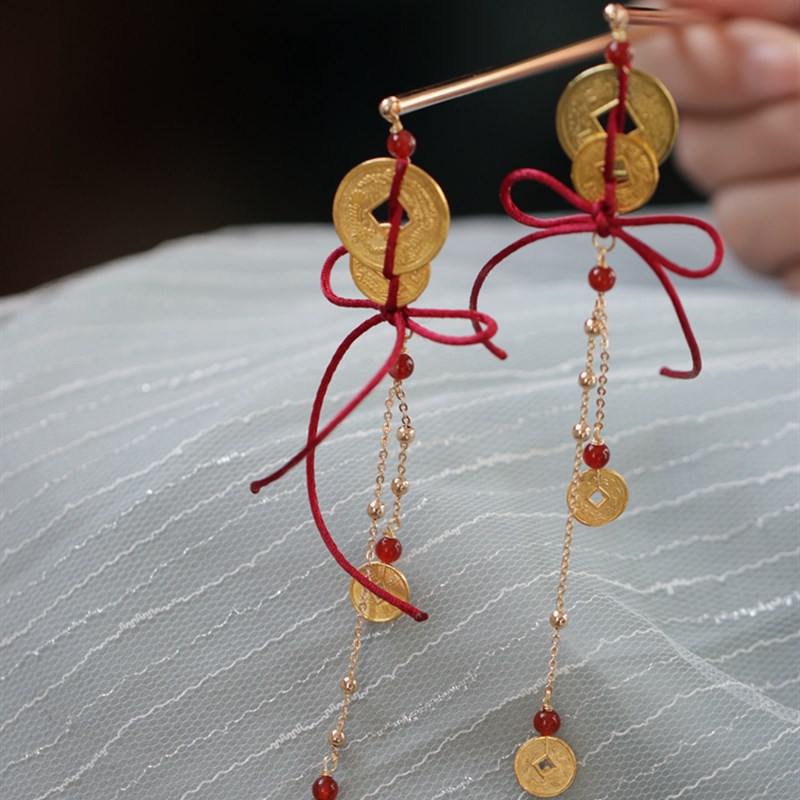 凤栖梧 汉服国风中式铜钱发簪配饰红色秀禾服头饰 可爱宫廷风簪子