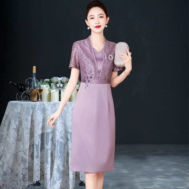 夏季高端显年轻喜婆婆婚宴装结婚妈妈礼服显瘦宴会修身短袖洋装