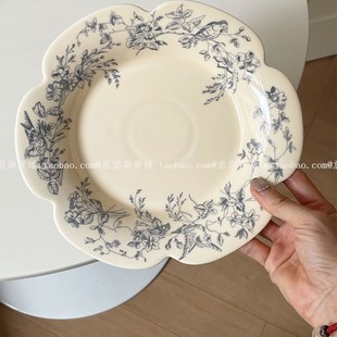 复古花瓣造型青花餐具咖啡杯碟下午茶家用菜盘沙拉碗早餐中古餐具