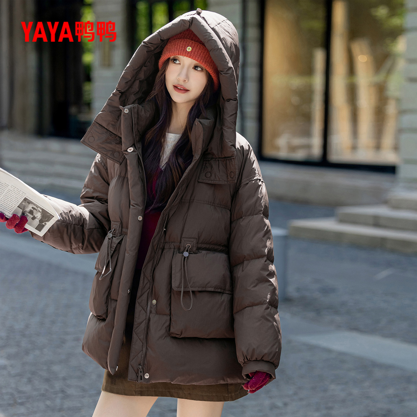 YAYA/鸭鸭2025冬新款时尚休闲保暖加厚百搭女士中长款羽绒服外套