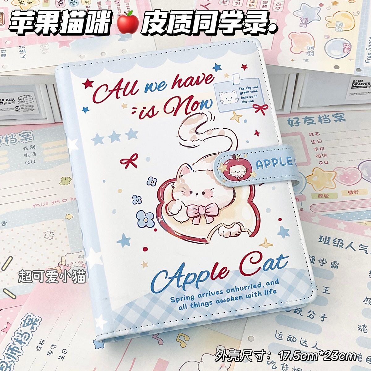 苹果猫咪皮质同学录小学生六年级专用创意清新毕业纪念册2026新款高颜值男生女生初中ing风小众不撞款留言册