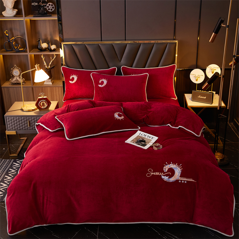 加厚珊瑚绒四件套结婚绒牛奶绒简约红色被套床单陪嫁Y喜庆床上用