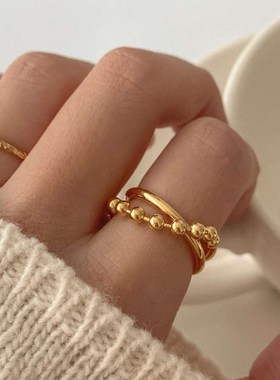 大码戒指c女胖MM双层圆珠链条法式复古时尚个性胖手大圈口食指指