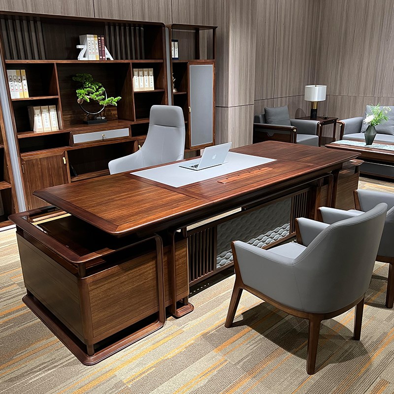 新中式乌金木大班台经理s办公室实木轻奢书桌椅书架组合老板桌家