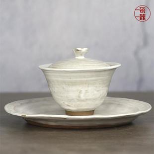 纯手工三才盖碗陶瓷粉引二才不烫手单个高档复古家用茶碗泡茶小号