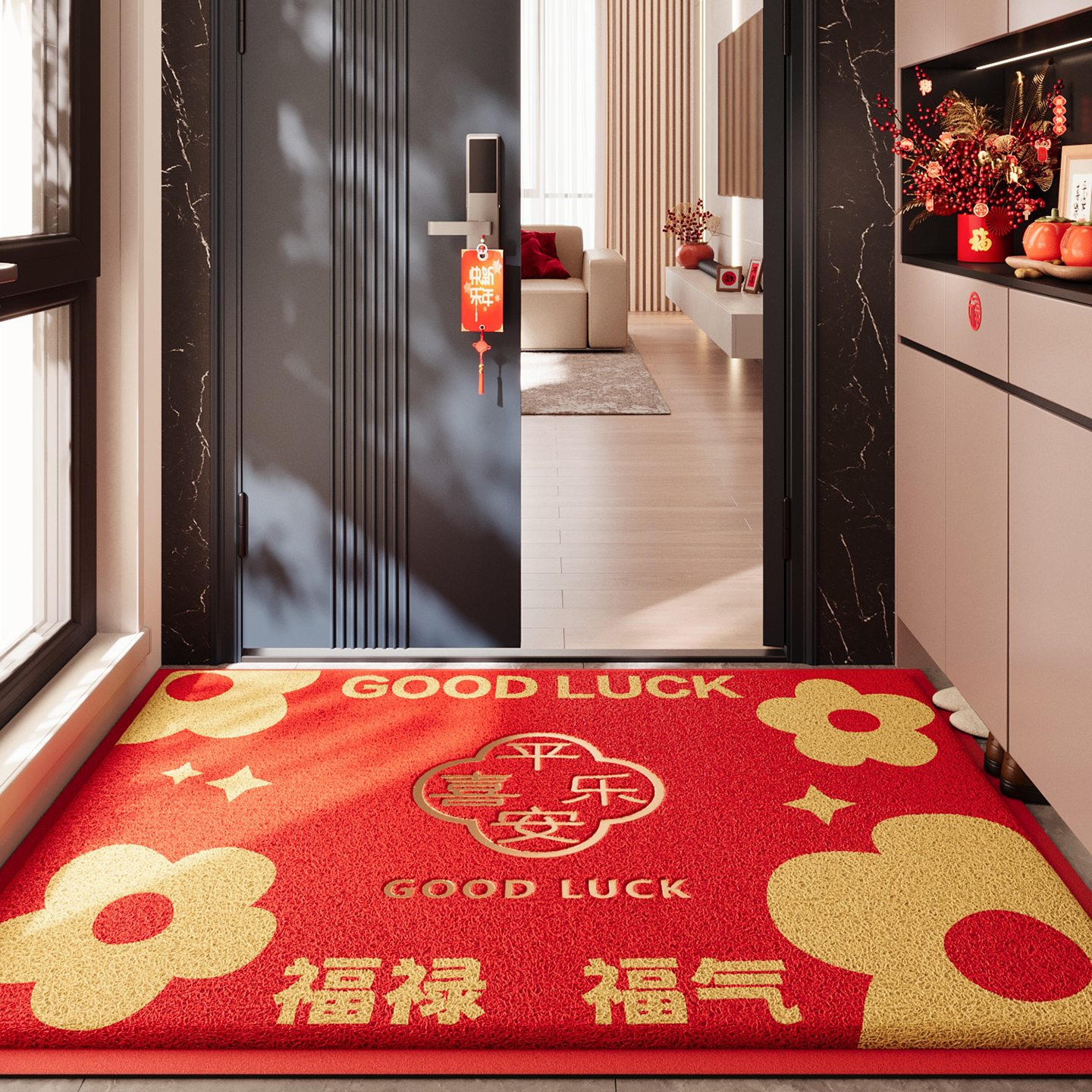 红色丝圈入户门地垫压花高级感防滑脚垫耐脏除尘免洗地毯玄关门垫