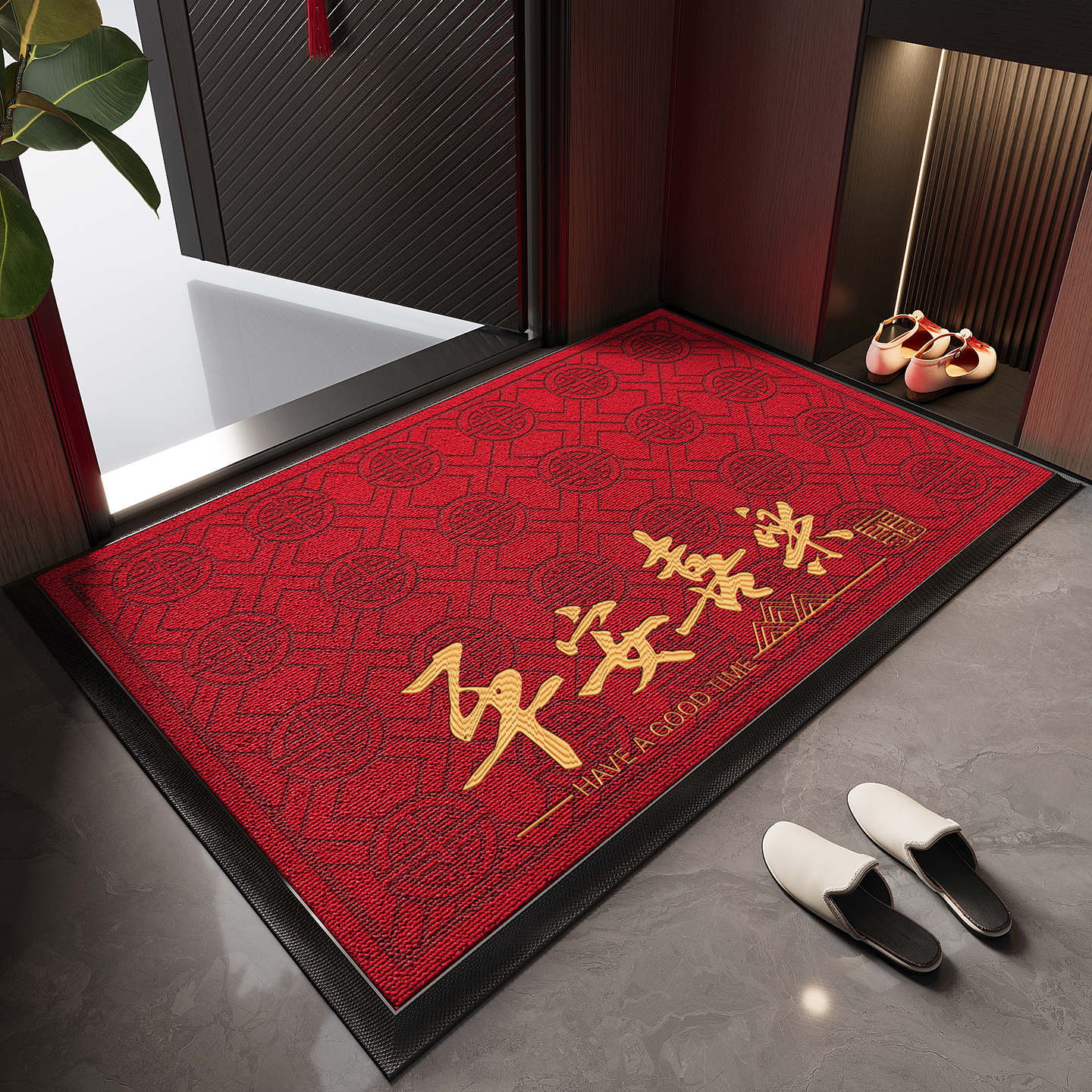 红色入户门地垫喜庆高端防滑脚垫别墅玄关耐脏除尘地毯大门口门垫