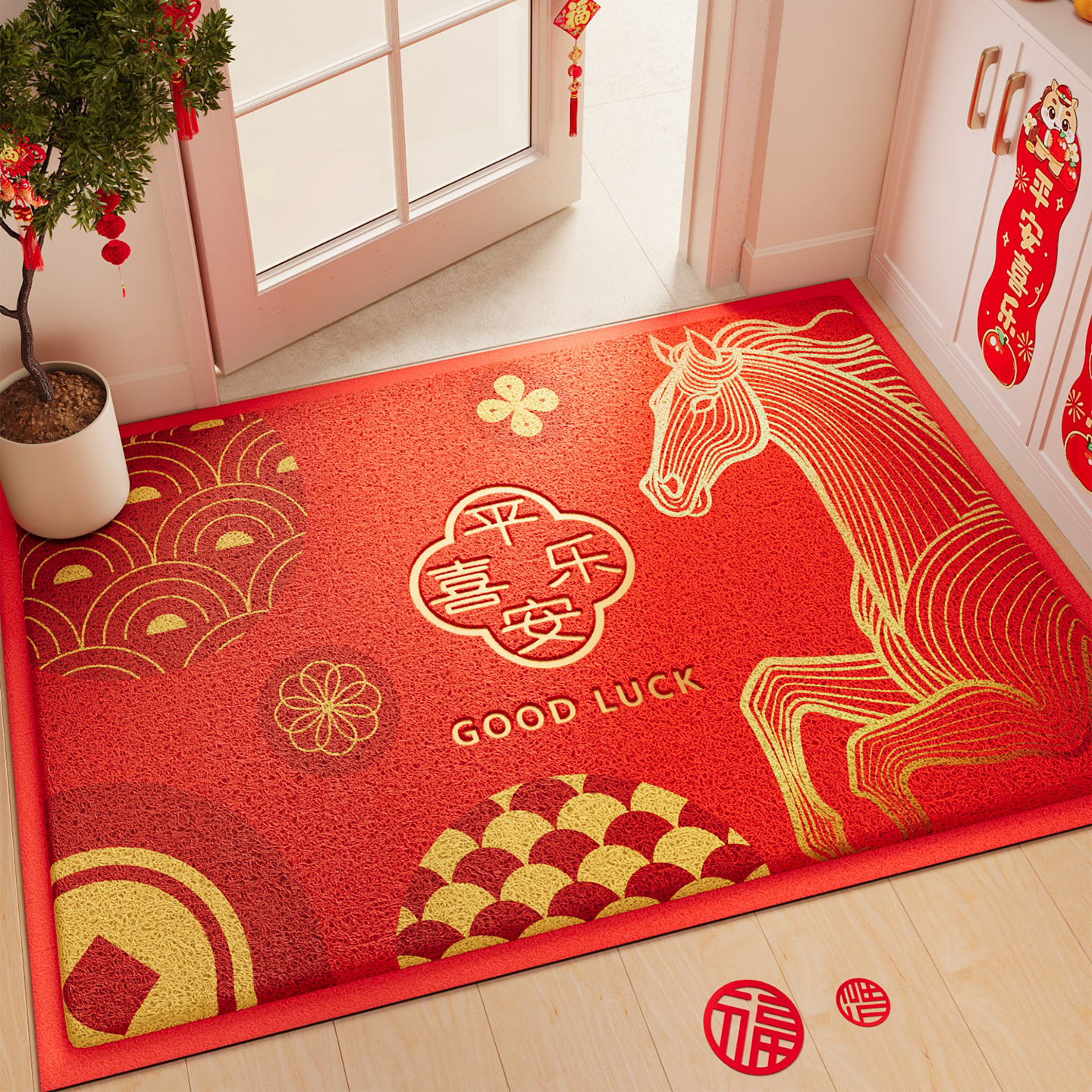 红色入户门地垫丝圈防滑脚垫