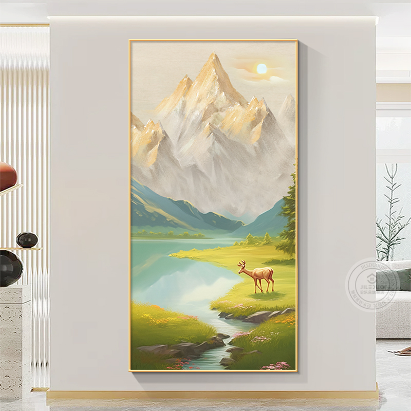 山水风景玄关画吉祥福鹿楼梯走廊过道尽头L壁画日照金山竖版装饰图片