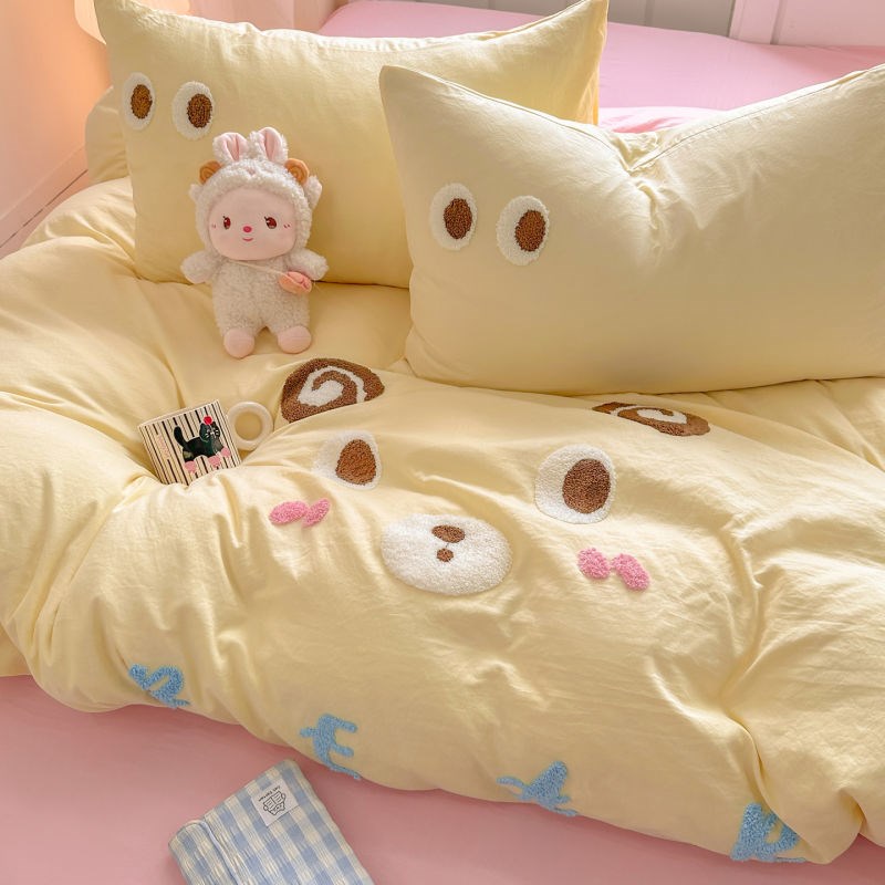 超柔水洗棉毛巾绣被套四件套卡哇伊可爱床上用品学V生床三件套软