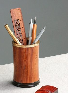 红木复古笔筒定制刻字   紫光檀实木质金属黄铜商务办公创意礼物