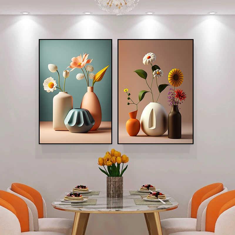 餐厅二联装饰画现代简约花瓶壁画背景墙轻奢酒杯花卉客厅酒店贴画图片