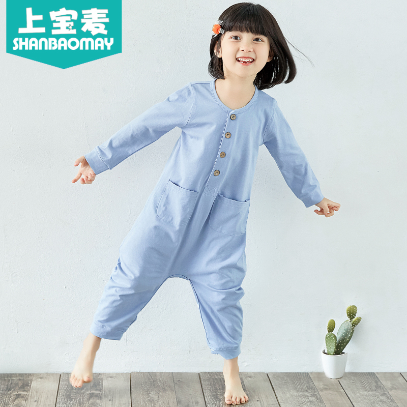 上宝麦春秋夏儿童连体睡衣长袖纯棉空调服男女童睡衣宝宝睡衣中袖