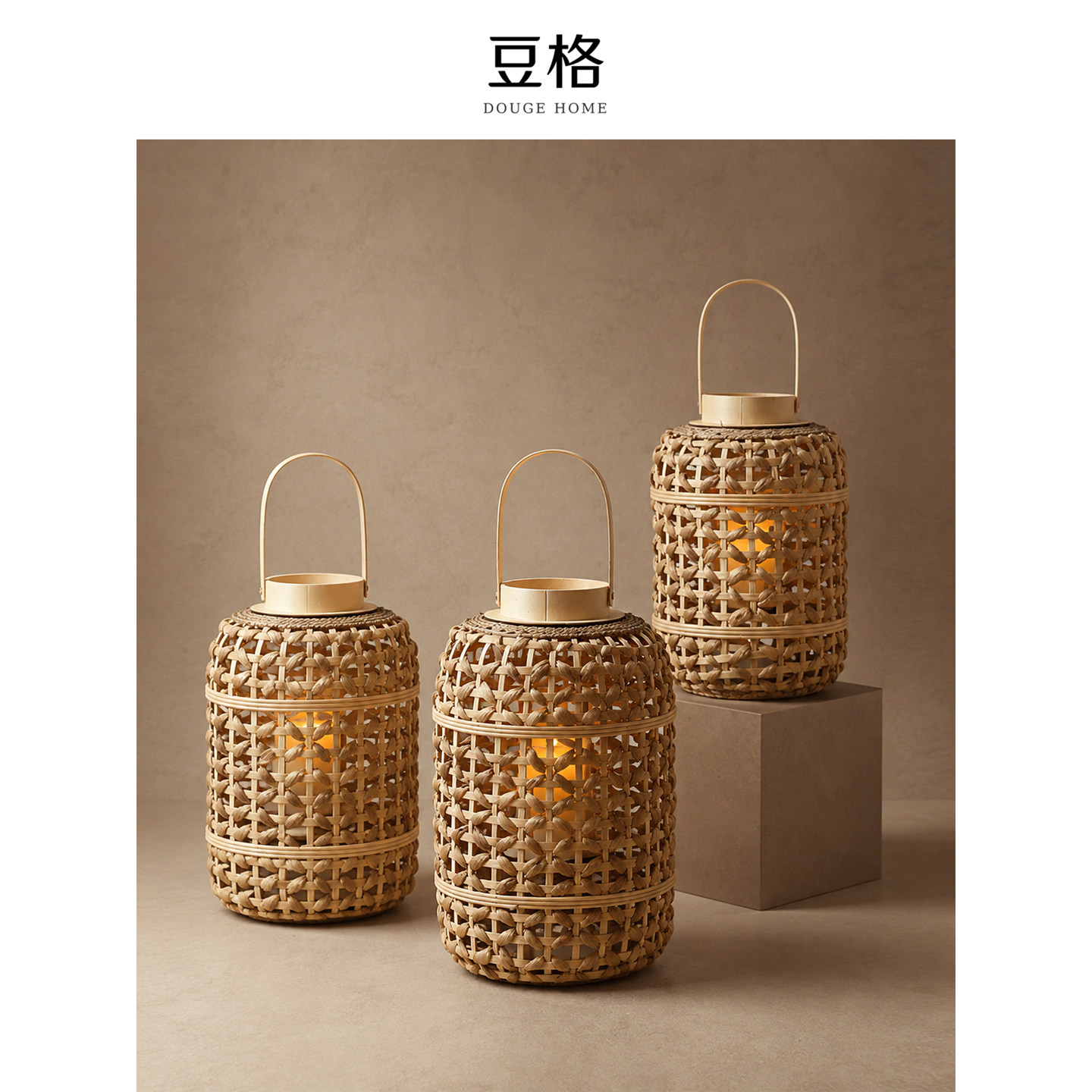 新中式天然编织手提风灯茶室餐厅露台烛光装饰摆件落地灯笼蜡烛台