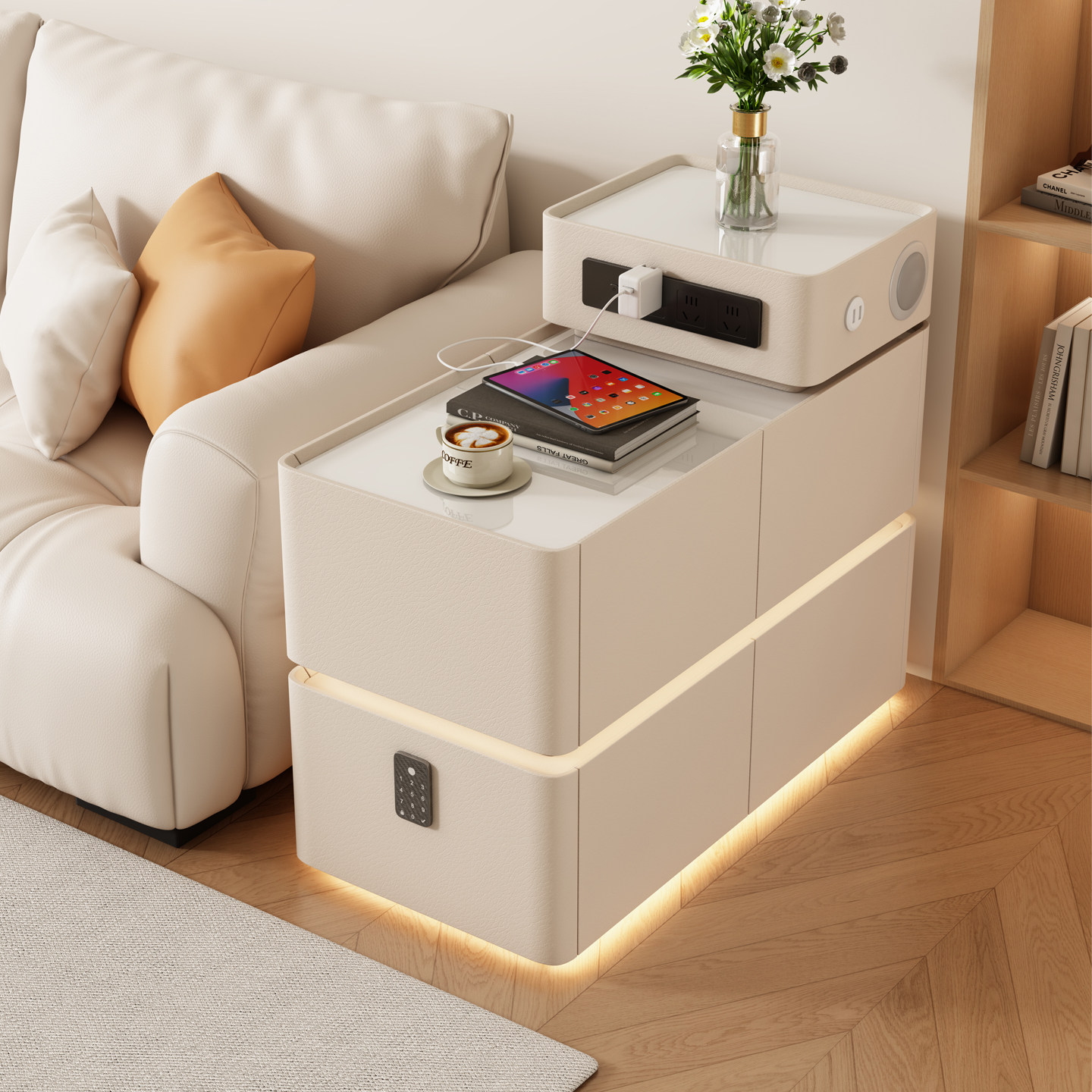 奶油风沙发边柜岩板多功能客厅高级感新款扶手隔断边几角几带插座,住宅家具,角几/边几,淘宝优惠券,粉丝福利购,淘宝优惠卷