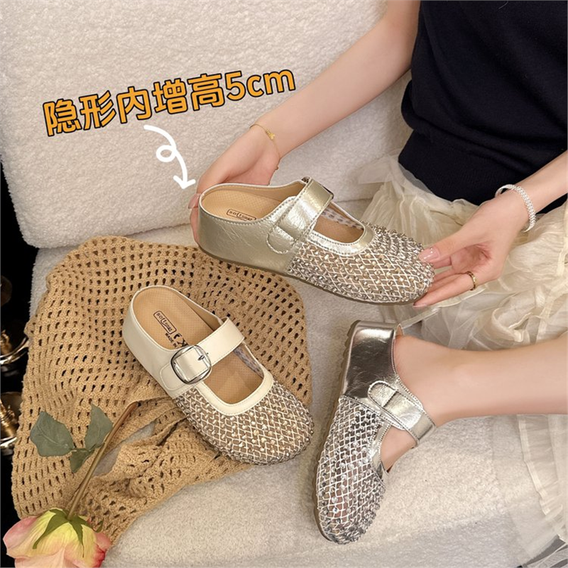 时尚夏季凉鞋平底女鞋拖鞋包头拖中包跟中跟35cm织物合成革内