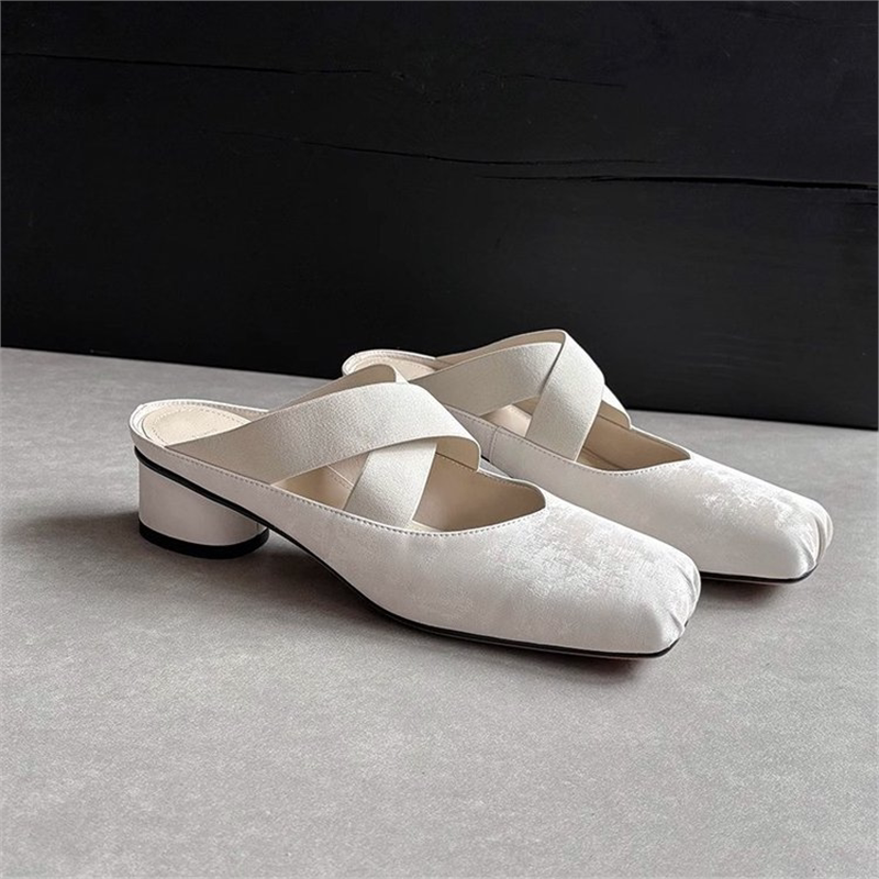 百搭夏季小白鞋新款半拖休闲鞋女鞋拖鞋包头拖粗跟中跟35cm绒面