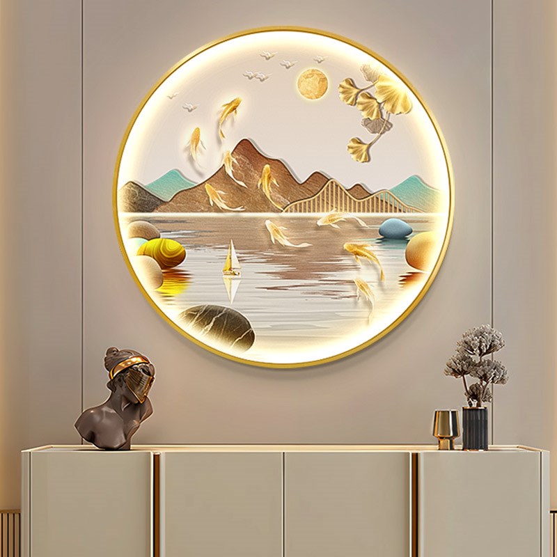 现代轻奢九鱼图玄关灯光画走廊过道装饰I画客厅背景墙圆形发光挂图片