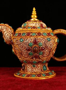 老茶壶藏丝银宝石掐酒壶藏式藏吉祥八古玩打造纯手工宝镶嵌酒壶银