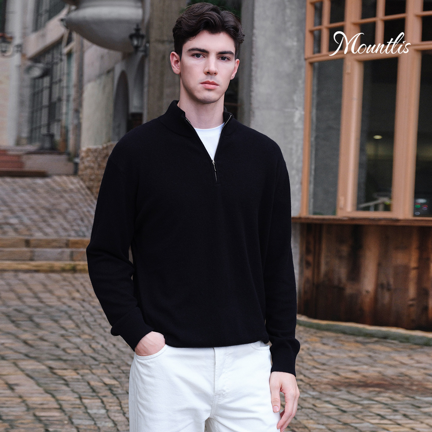 Mountlis蒙缇美利奴羊毛山羊绒针织上衣纯色半拉链领套头毛衣外套,男装,羊绒套衫,淘宝优惠券,粉丝福利购,淘宝优惠卷