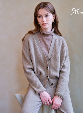 Mountlis蒙缇 100%阿尔巴斯山羊绒蝙蝠袖V领拼花外套女高级感开衫